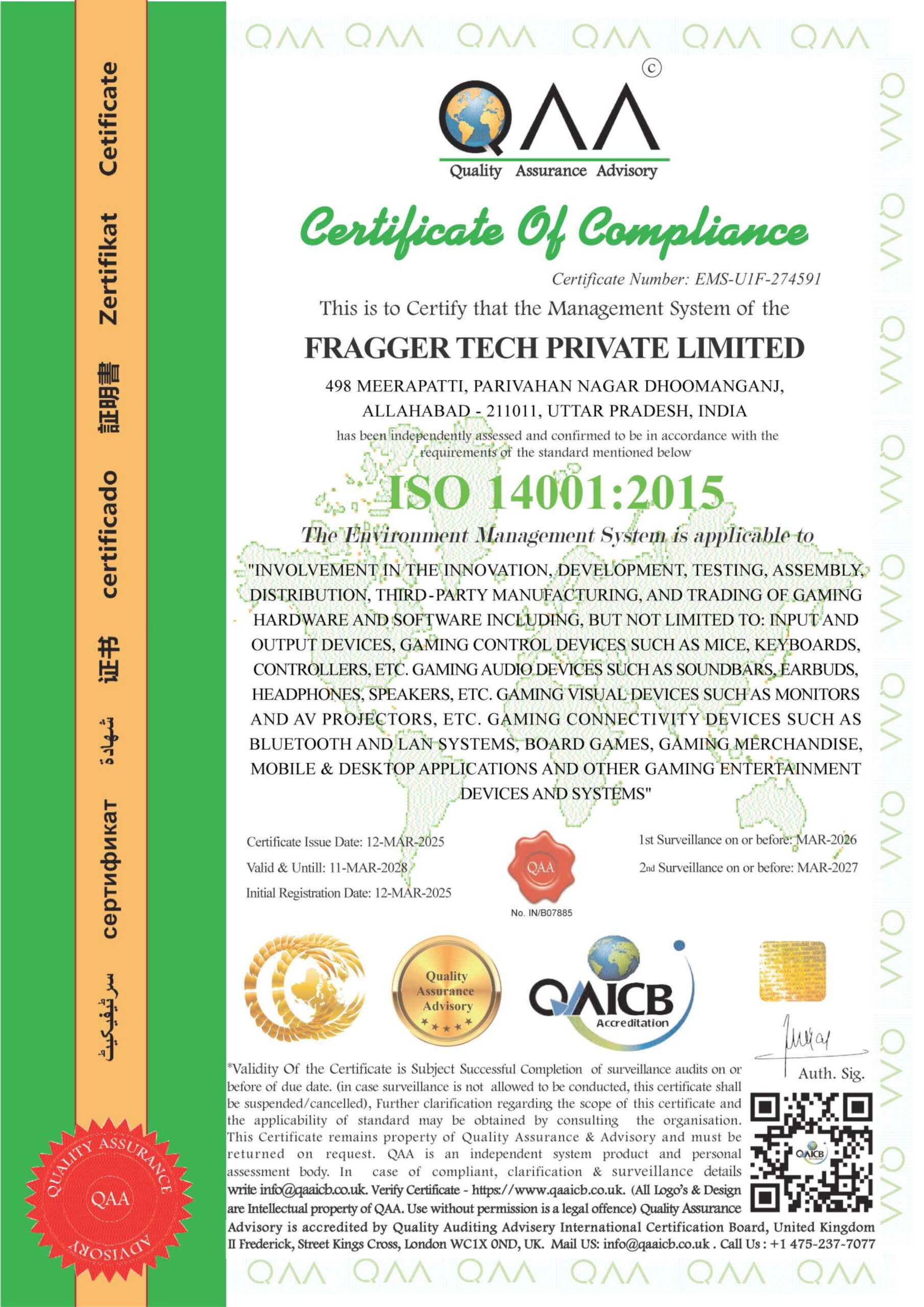 FRAGGER TECH PRIVATE LIMITED 14001 2015 QAA